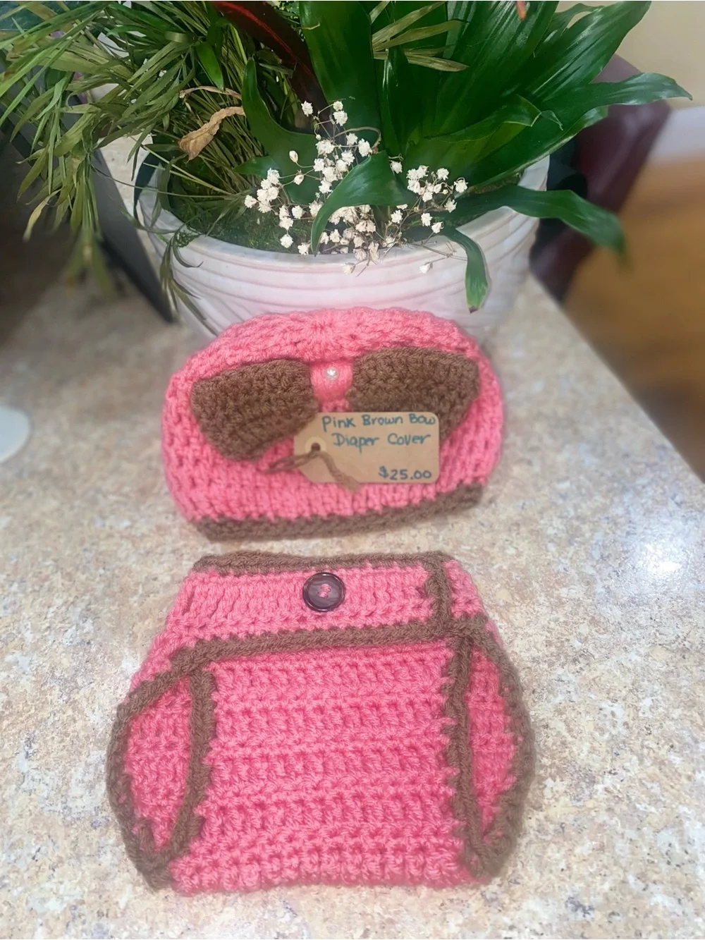 Handmade Pink Crochet Diaper Cover Set with Brown Trim and Beautiful Brown Bow